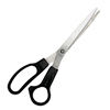 A pair of scissors with black plastic grips.
