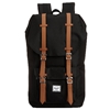 A black Herschel backpack with brown leather details. Front pocket has the Herschel logo embroidered in white and black in the centre.