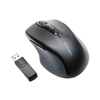 A black Kensington brand wireless mouse with a black USB flash drive.