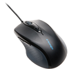 A black and grey Kensington mouse with wire. Blue Kensington logo appears vertically on the centre of the mouse.