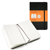 A black soft cover Moleskin classic notebook with 192 pages. Open notebook appears to the left of the closed notebook.