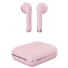 Pink Happy Plugs wireless earbuds with pink travel case. Happy Plugs logo imprinted on top of travel case.