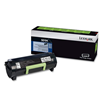 The black box of a Lexmark 501H high yield return toner cartridge. Black toner cartridge appears to the left of the box.
