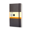 A black soft cover Moleskin ruled notebook.