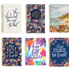 Six Bloom brand softcover, spiral ring planners. Planners come in a variety or marbled pastel colours, botanical prints and text-based inspirational quotes.