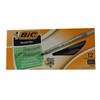 A yellow box of 12 black BIC brand 0.7 mm ballpoint pens.
