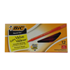 A yellow box of 12 red BIC brand 1 mm ballpoint pens.