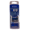 A pair of blue and white MQbix brand Aerofones earbuds in blue and white packaging.