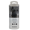 A pair of black Sony MDR-EX110AP earbuds in a white package.