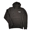 A black pullover fleece hoodie is printed on both sides: a small "TMU" logo on the front left chest, and a large white "Toronto Metropolitan University" university logo on the back.