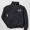 A black quarter zip sweatshirt features a small white "Toronto Metropolitan University" university logo on the front left chest.