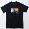 A short-sleeved black t-shirt features the Pride Progress flag with a small TMU in white.