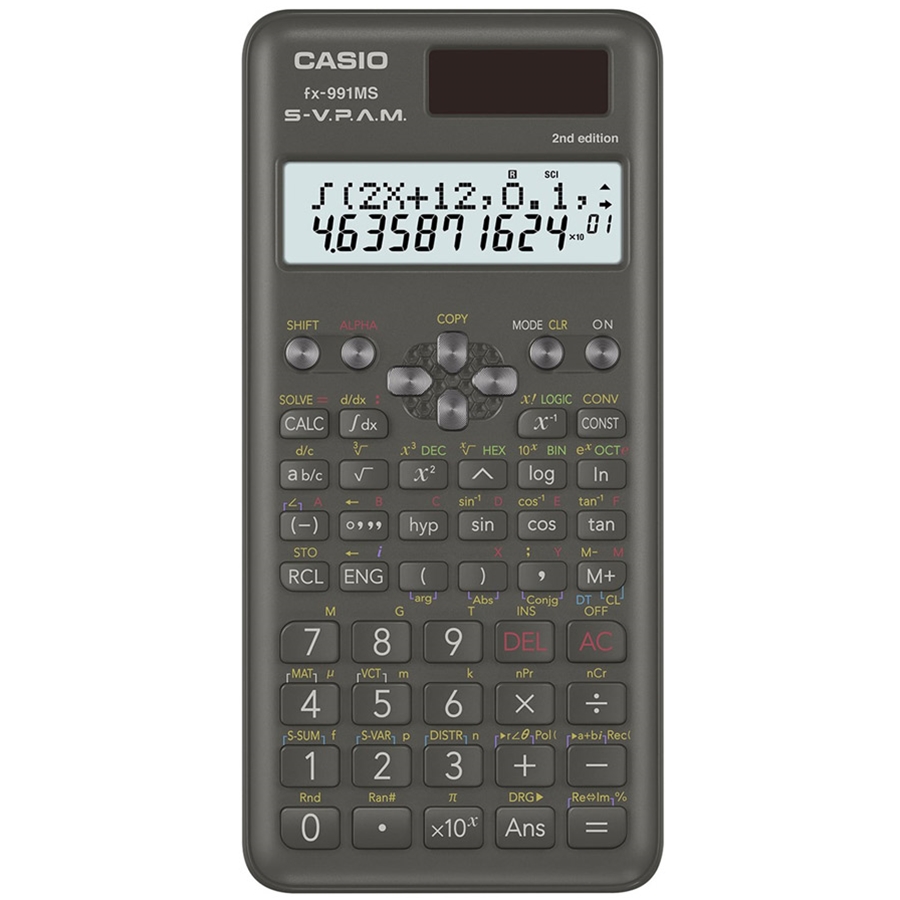 A dark grey Casio FX991MS scientific calculator with a blank display screen.