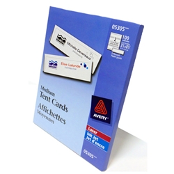 A blue package of 100 Avery brand medium tent cards. Avery product number 05305.