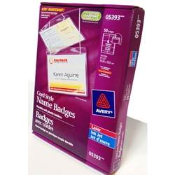 A magenta package of 50 Avery brand cord style name badges. Avery product number 05393.
