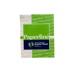 A package of Paperline brand white recycled paper in green and navy packaging.