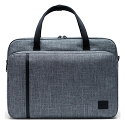 A grey Herschel messenger bag with a black handle and front full size pocket. Front pocket has the Hershel logo embroidered in black on the bottom right corner of front pocket.
