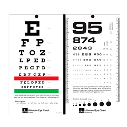 A 7.25 inch by 4 inch pocket eye chart test with black text.