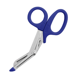 A pair of blue and silver utility scissors.
