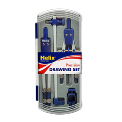 A Helix brand precision drawing set with blue and silver compasses, extension arms, replacement leads and a pen adapter.