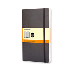 A black soft cover Moleskin ruled notebook.