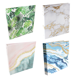 Four Bloom brand hardcover binders. Binders come in a variety of marbled pastel colours and botanical prints.