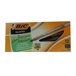 A yellow box of 12 black BIC brand 0.7 mm ballpoint pens.