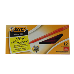 A yellow box of 12 red BIC brand 1 mm ballpoint pens.