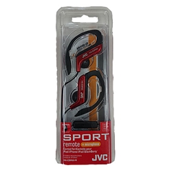 A pair of red JVC headphones with a microphone and remote in red packaging.