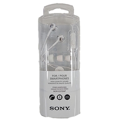 A pair of white Sony MDR-EX110AP earbuds in a white package.
