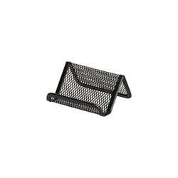 A business card holder with a mesh wire metal design and dimensions of 3-3/4"W x 2-3/4" D x 1-3/4"H