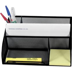 A holder with a mesh wire metal design and 5 sections for organizing documents and letters with dimensions of 10"W x 6−1/2"D x 4"H