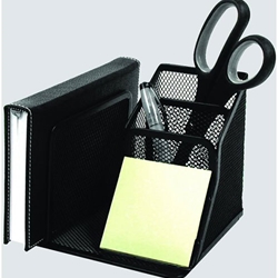 A holder with a black mesh wire metal design and 5 sections for organizing documents and letters with dimensions of 5-3/4"W x 5-1/4"D x 5"H