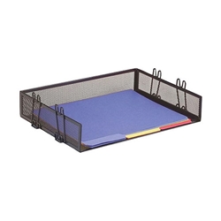 A tray with a black mesh wire metal design in letter size and can hold a variety of documents and letters