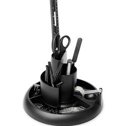 A swiveling multi-tiered unit which includes a tall compartment for rules and scissors and a lower compartment with optional dividers. There are 5 easy access compartments and built-in tape dispenser