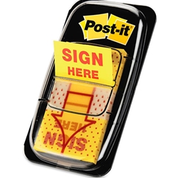 A package of 50 stick-on flags with Sign Here with pointed arrow prints. Includes 1 dispenser. Each strip measures 1.7" x 1" (43 mm x 25 mm)