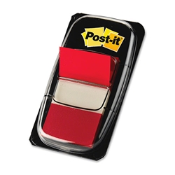 A package of 50 stick-on flags in the color red. Includes 1 dispenser. Each strip measures 1.7" x 1" (43 mm x 25 mm)