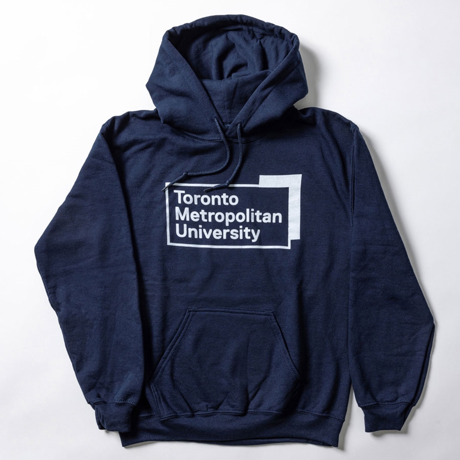 Navy pullover fleece hoodie features the "Toronto Metropolitan University" corporate logo in white, printed front & centre.