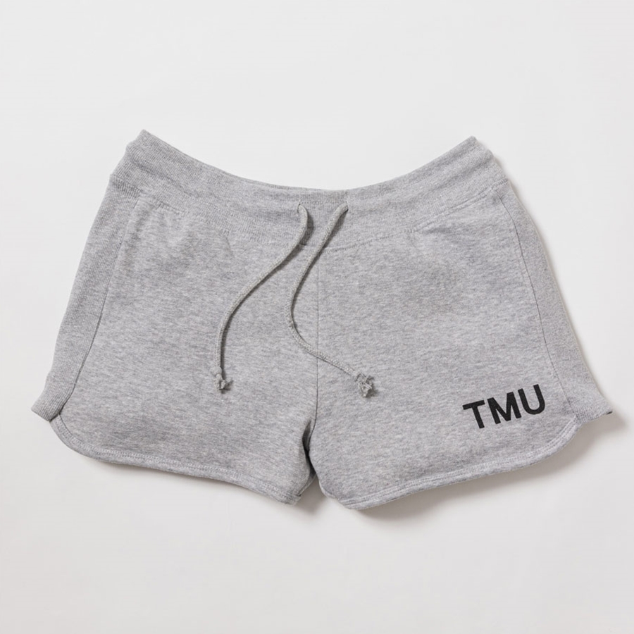A heathered grey fleece sweat shorts feature "TMU" on the left leg, printed in black.