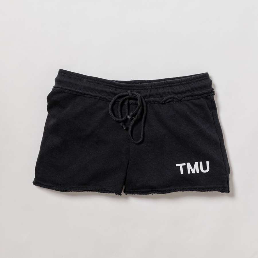 Black fleece sweat shorts feature "TMU" on the left leg, printed in white