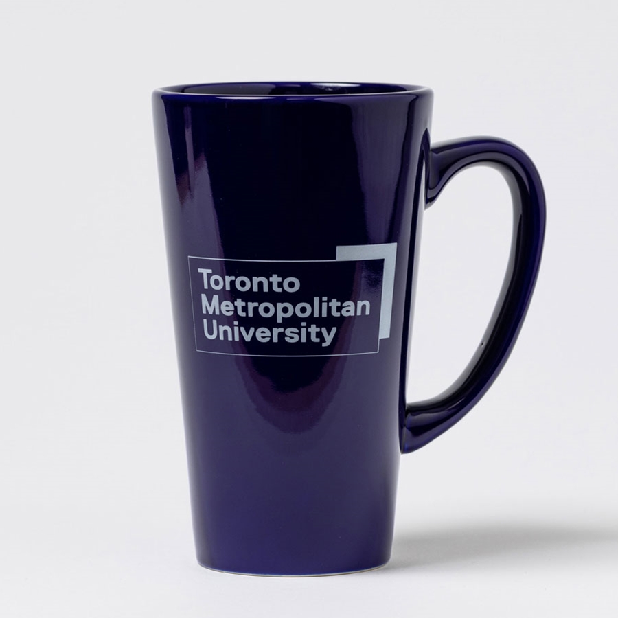 Navy Tall Cafe Mug with White University Logo