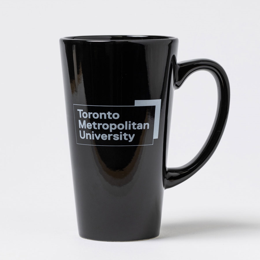 Black Tall Cafe Mug with White University Logo