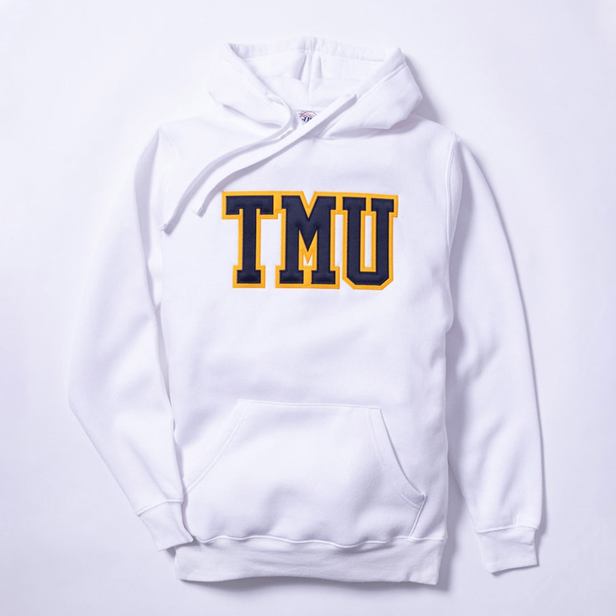 White Hoodie with Varsity TMU Logo