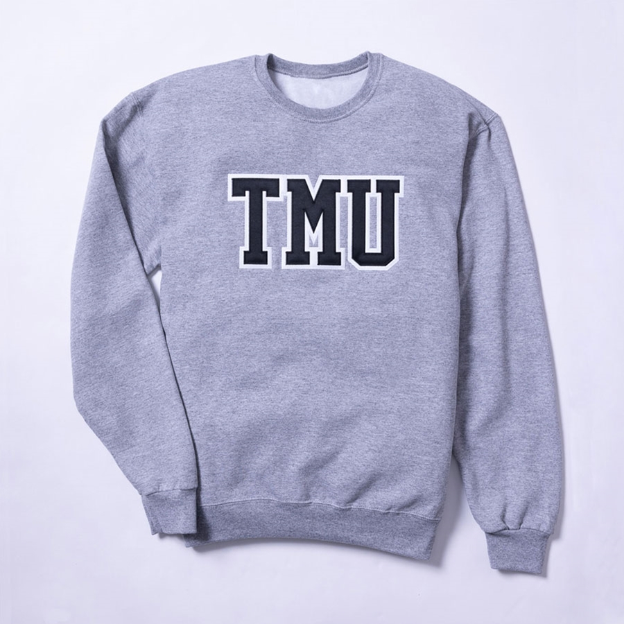 Grey Crewneck with Varsity TMU Logo