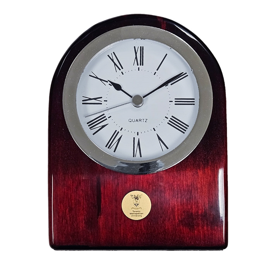 TMU Desk Clock: Rosewood Metal Gold Medallion