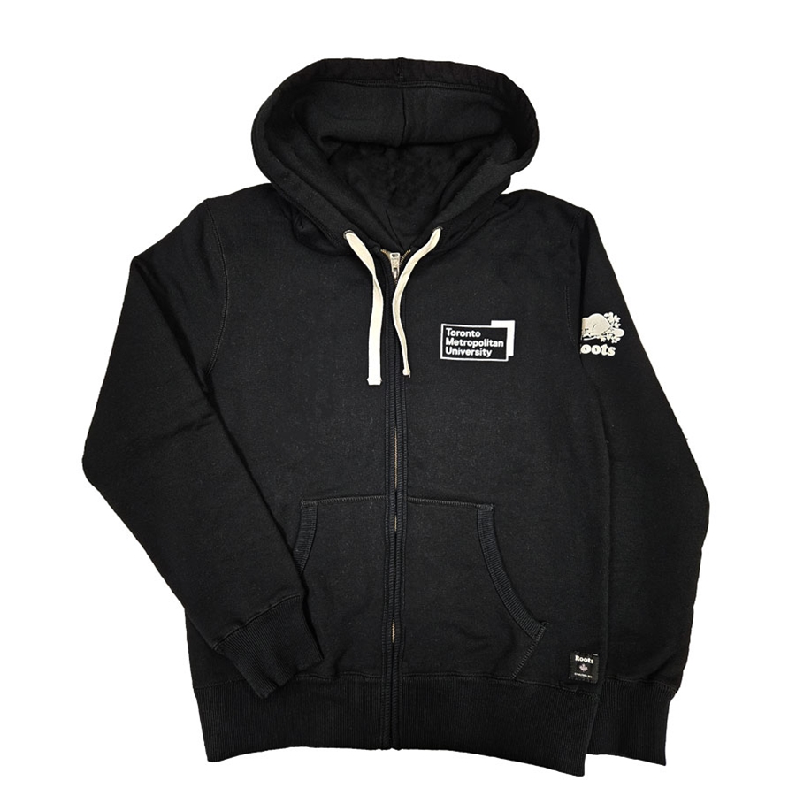 TMU Roots Full Zip Hoodie with White University Logo Left Chest - Black