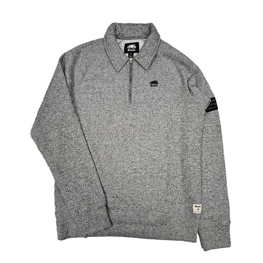 TMU Roots 1/4 Zip with Black University Logo on Sleeve - Salt & Pepper